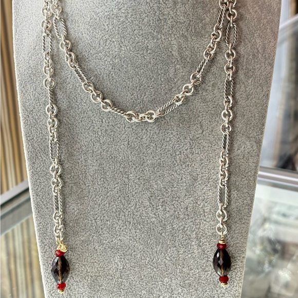 David Yurman 925 & 18k Gold Lariat Necklace with Smoky Quartz 34" - Picture 1 of 10